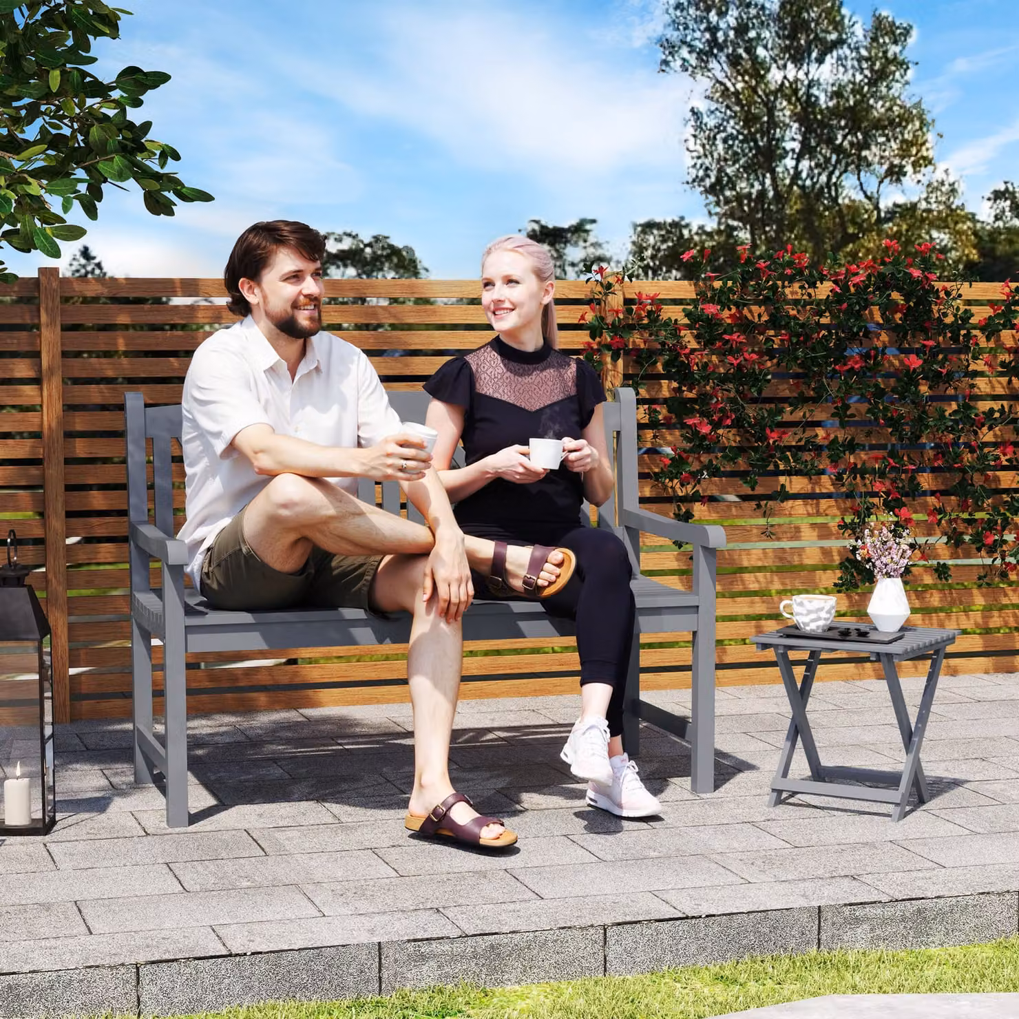 Outsunny 2-Seater Wooden Garden Bench with Armrests, Grey – 2