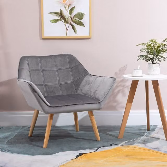 HOMCOM Grey Velvet Accent Chair with Armrests and Metal Frame