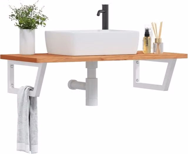 Berkfield Home Wall Mounted Basin Shelf in Brown Steel and Solid Beech Wood