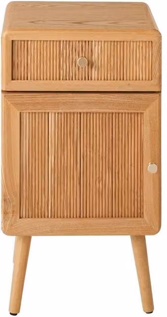 CALICOSY AVA Bedside Table with 1 Door and 1 Drawer and Slatted Fronts in Light Brown – 1