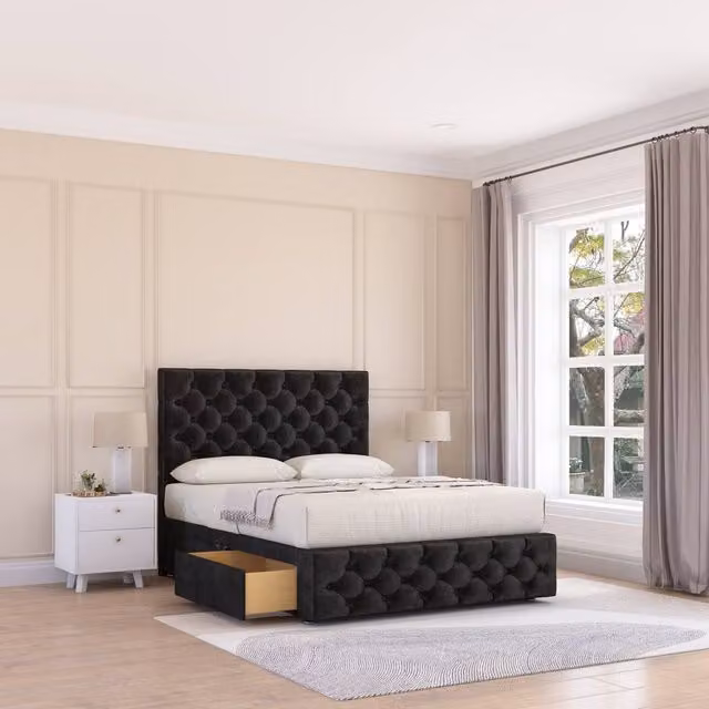 Sloomy Watson Chesterfield Divan Bed Base and Headboard in Black Velvet, W/D/H: 120 x 200 cm