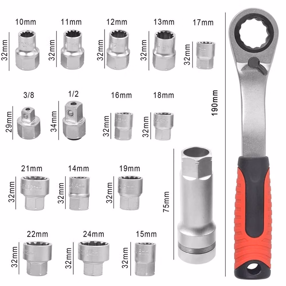 EONLION Pass Through Go Thru Metric Ratchet Wrench and Sockets Set in Silver Chrome Vanadium Steel – 2