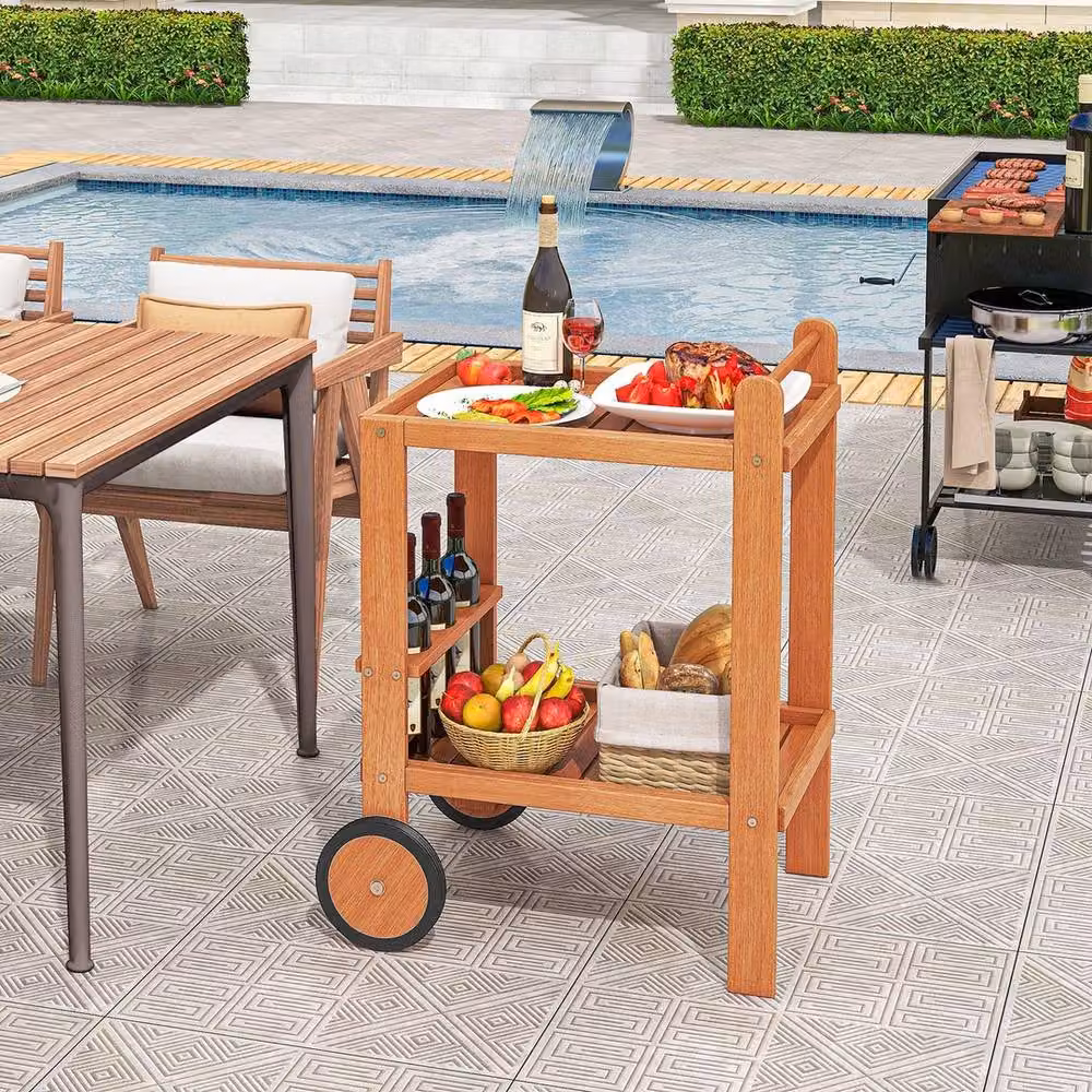 VOGREX 2-Tier Oiled Wood Rolling Bar Cart with Wine Holders in Brown and Sand – 5