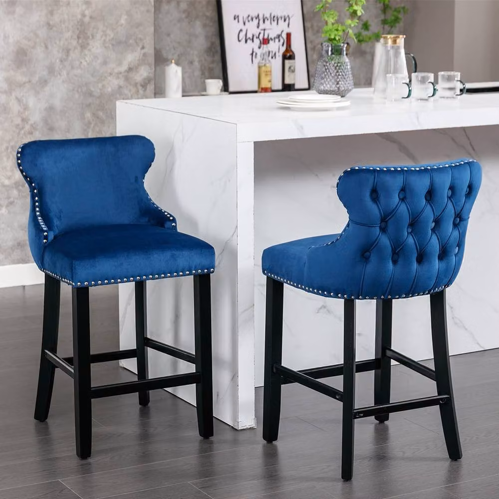 Modern Home Touch Set of 6 Blue Velvet Wing Back Bar Stools with Oak Wood Legs – 2