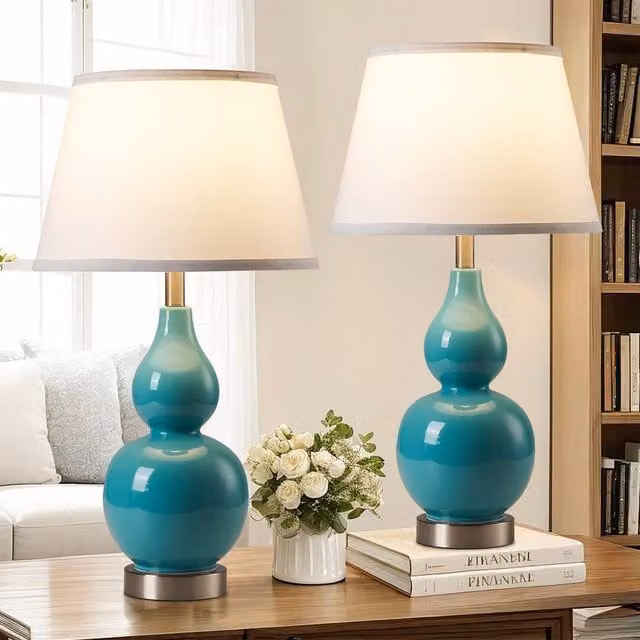 NIVOR Set of 2 Teal Ceramic Table Lamps with USB Ports and Bulbs Included, Height: 62.4 cm