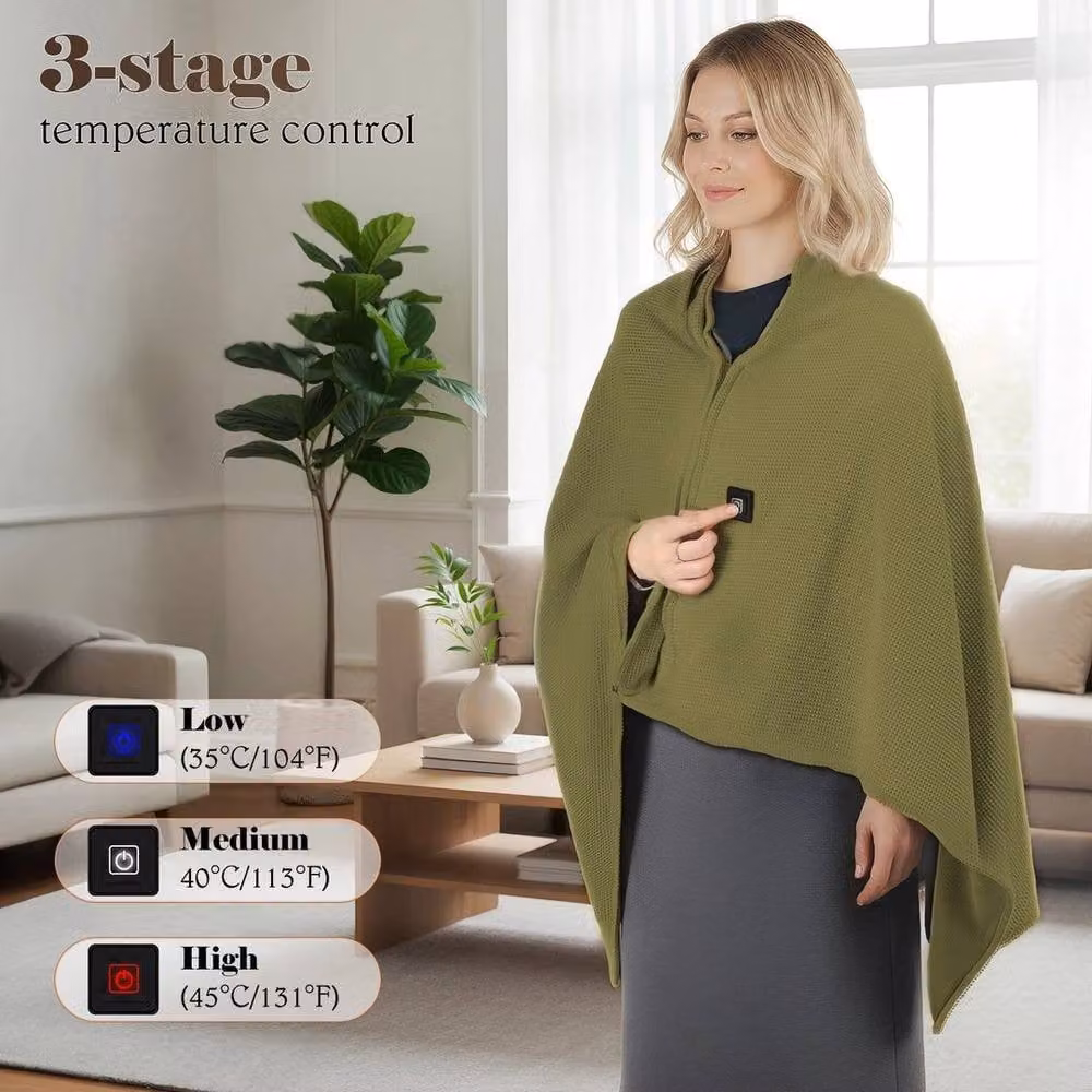 FLAVORA Green USB Electric Heated Fleece Wearable Shawl Blanket for Adults, W/D/H: 100 x 190 cm – 3