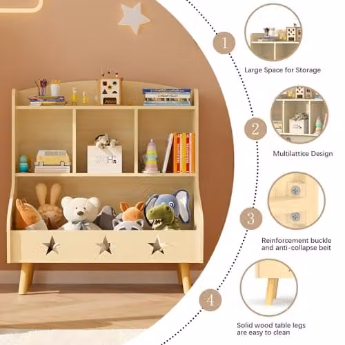 Huhote Kids Bookshelf and Toy Storage Cabinet with 3 Compartments, Brown, H 72.0 x W 61.5 x D 36.5 cm – 3