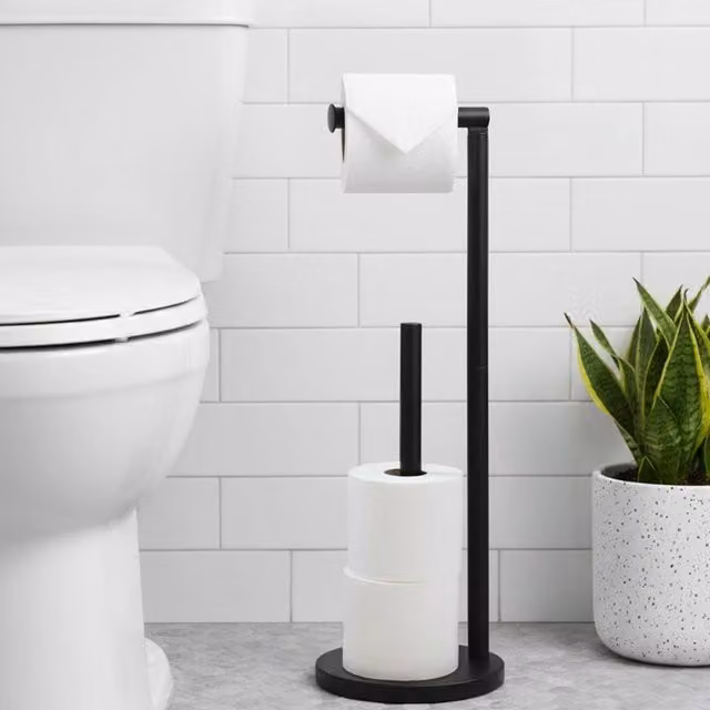 VOGREX Freestanding Toilet Roll Holder and Spare Roll Stand in Black and Silver Stainless Steel – 1