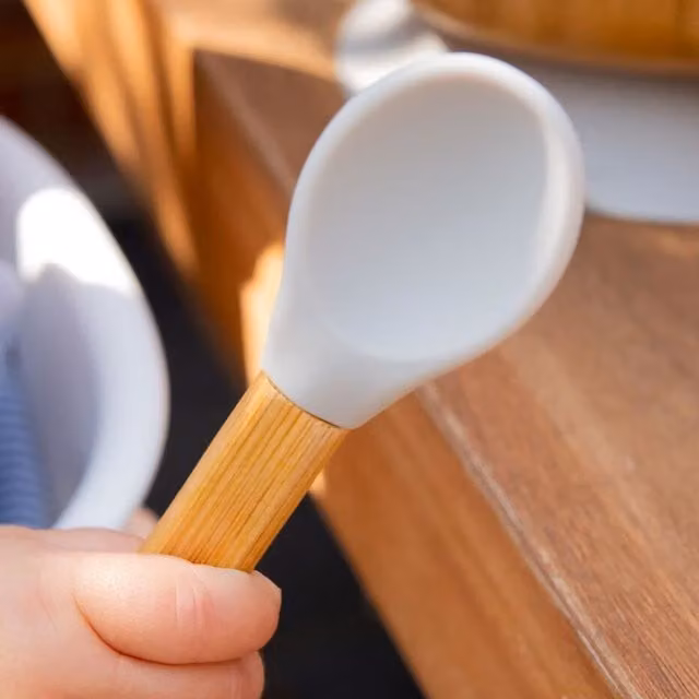 Tiny Dining Bamboo and Silicone Baby Weaning Fork and Spoon Set, White