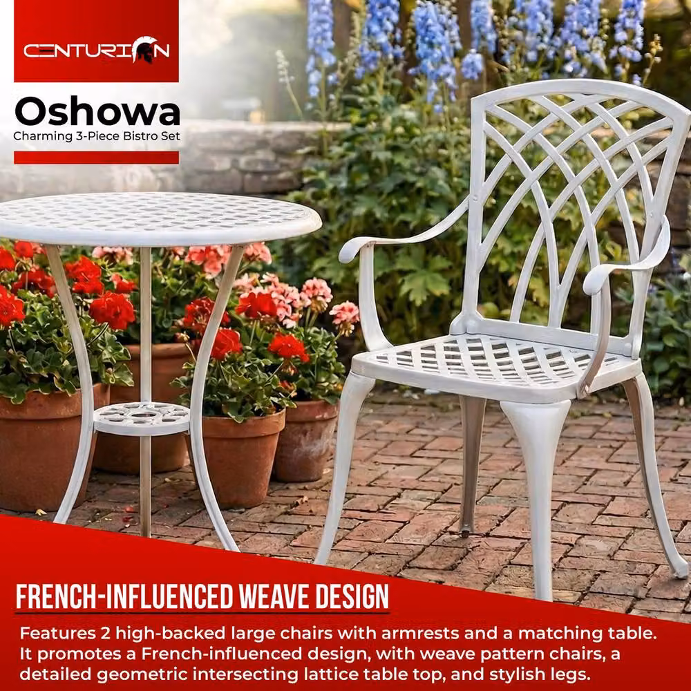 Centurion Supports OSHOWA White Powder Coated Aluminium Bistro Set with Round Table and 2 Armchairs – 2