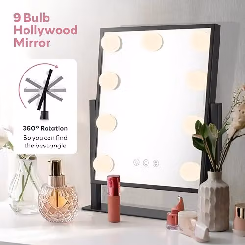 Carmen Hollywood 9 Bulb LED Vanity Mirror with Metal Frame and Smart Touch Screen Technology, Black, C85050BLK – 3