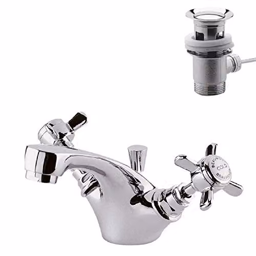nuie I345X Beaumont Traditional Chrome Mono Basin Mixer Tap with Crosshead Handles and Pop-Up Waste, W: 10.5 cm, D: 5.0 cm, H: 15.5 cm – 1