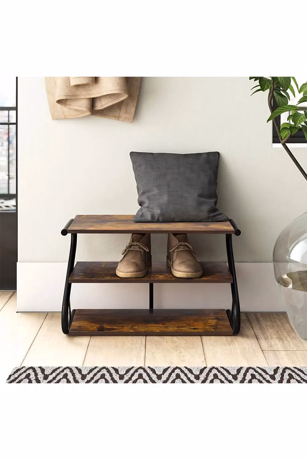 Living and Home Rustic 3-Tier S-Frame Shoe Rack and Plant Stand in Brown and Black – 2