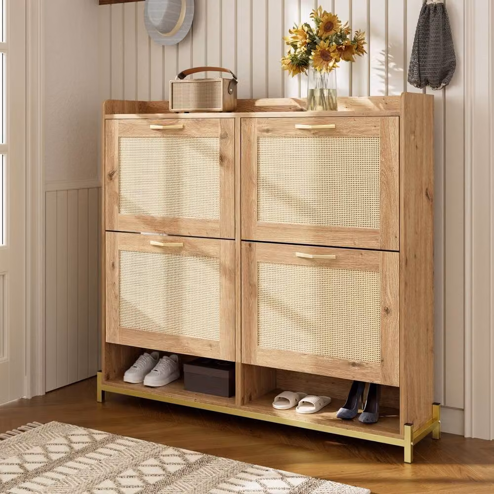 Rolipo 4 Door Wooden Shoe Cabinet with Rattan Doors in Brown and Beige – 2