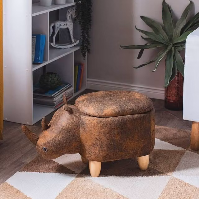 Wyld and Coco Rhino Children's Stool with Storage in Brown Faux Leather and Rubberwood Legs