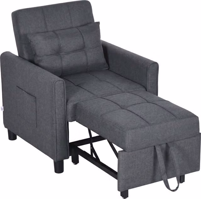 HOMCOM 3-in-1 Linen-Look Single Chair Bed with Adjustable Back and Eucalyptus Wood Frame in Grey – 1