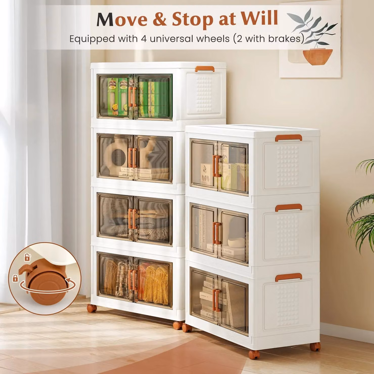 Costway 3-Pack Stackable and Collapsible Plastic Storage Bins with Handles and Wheels, White, 210L – 3