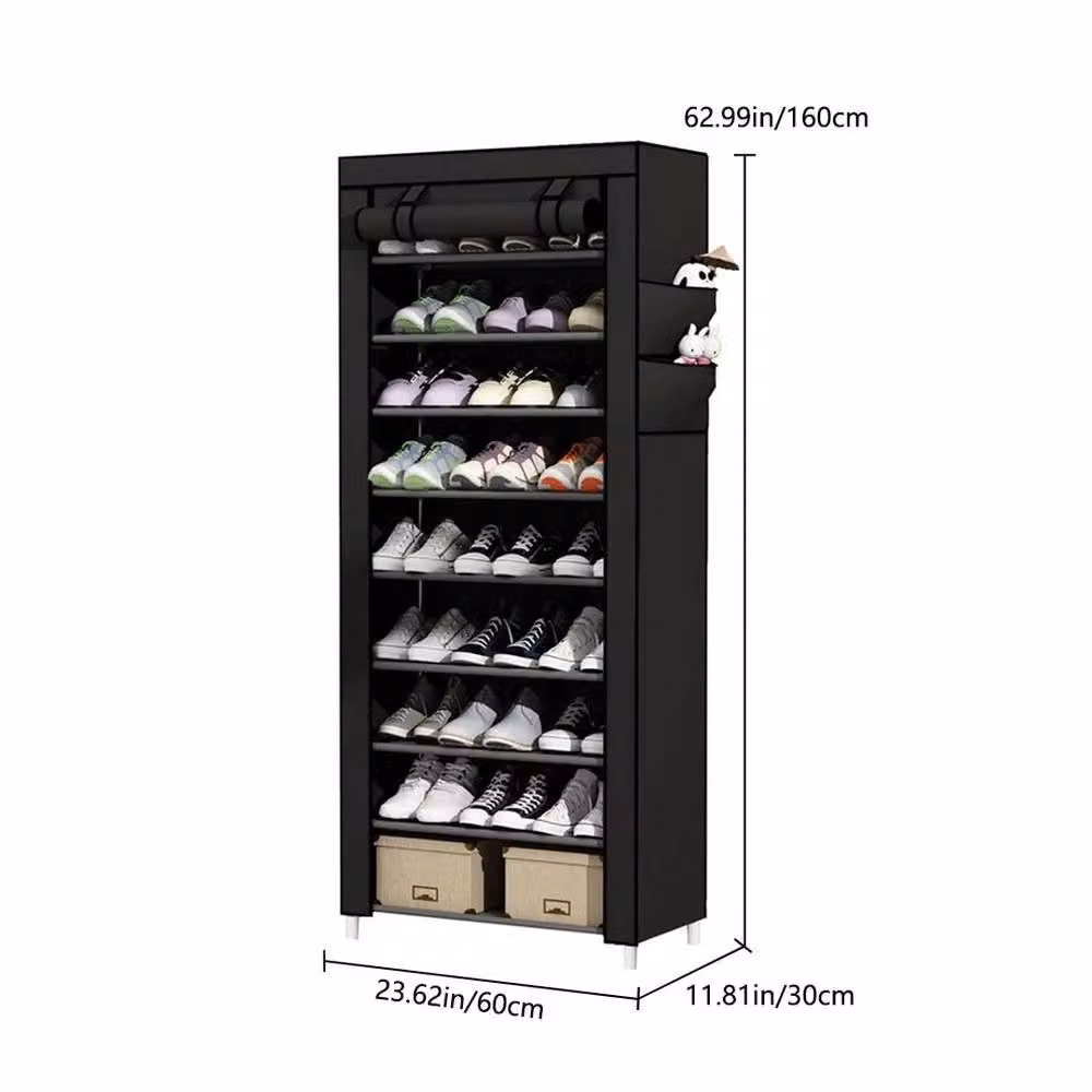 VOGREX 10 Layer Shoe Rack with Dust Cover and Metal Frame in Black – 2