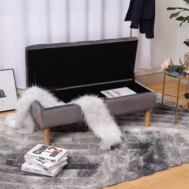 Livingandhome Modern Velvet Upholstered Ottoman Storage Bench in Grey