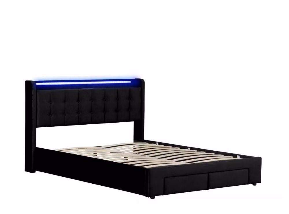 Harmin Luxury Black Velvet 5ft King Ottoman Bed with LED Headboard, USB Charging Port and UK Socket, W/D/H: 180 x 200 cm – 3