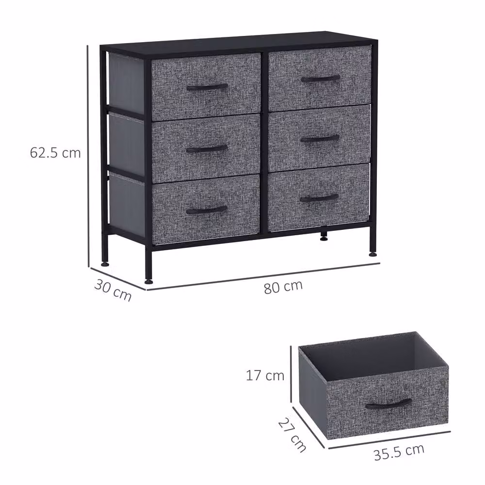 ERGOVEXA Industrial Fabric Chest of Drawers with 6 Drawers, Black, H: 80.0 cm, W: 62.5 cm, D: 30.0 cm – 2