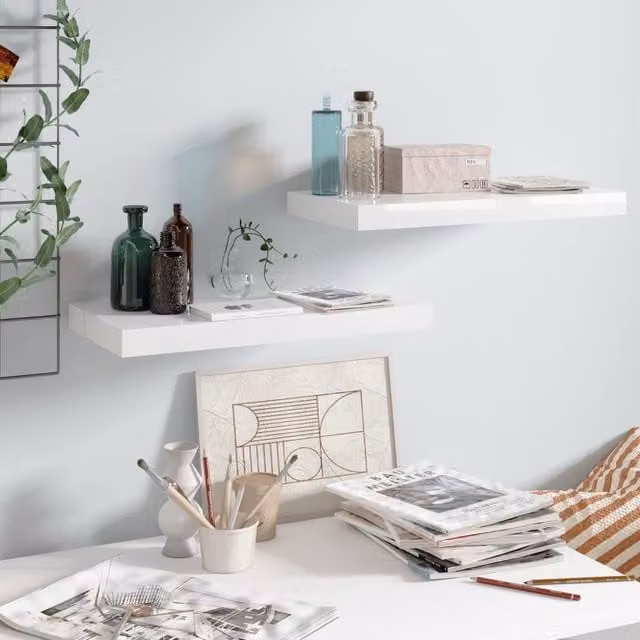Berkfield Home Set of 2 High Gloss White Floating Wall Shelves, W: 50 cm, D: 23 cm, H: 3.8 cm