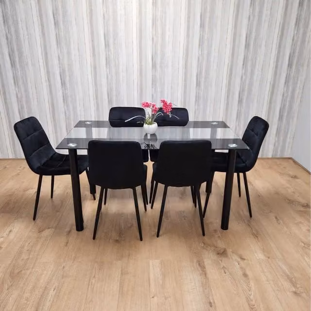 Kosy Koala Modern Dining Set with Rectangular Black Glass Table and 6 Black Velvet Chairs