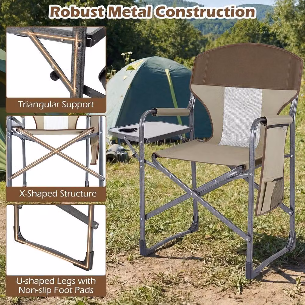NESTLUNE Brown Heavy Duty Outdoor Beach Chair with Metal Frame, Armrests, Side Tray and Cup Holders – 6