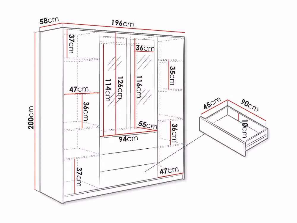 Vente-unique Black 4-Door Wardrobe with 3 Drawers and Mirrors, W: 196 cm, H: 200 cm, D: 58 cm – 3