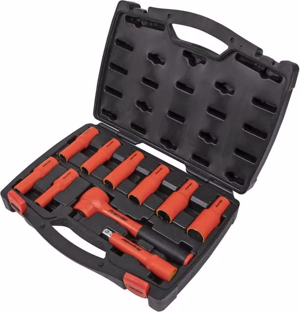 Loops 10-Piece VDE Insulated Socket and Ratchet Handle Set, 1/2 Inch Square Drive, 6-Point Metric, Red and Multicolour