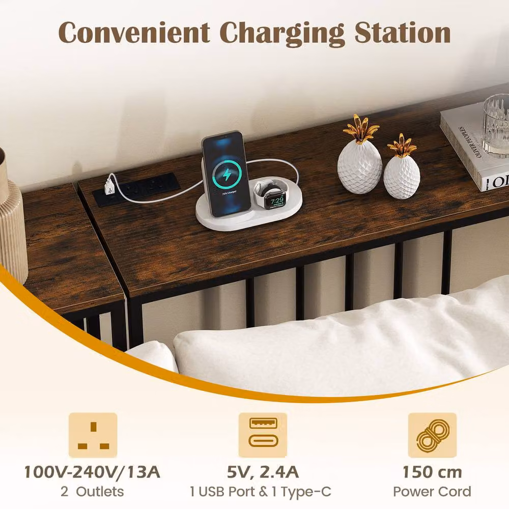 Gymax Brown Narrow Hallway Console Table with Charging Station, Width: 100 cm – 3