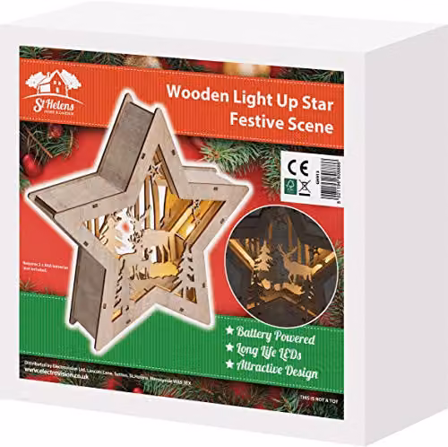 St Helens Home and Garden Battery Powered Rustic Wooden Multicolour Light Up Christmas Star Tabletop Decoration – 3