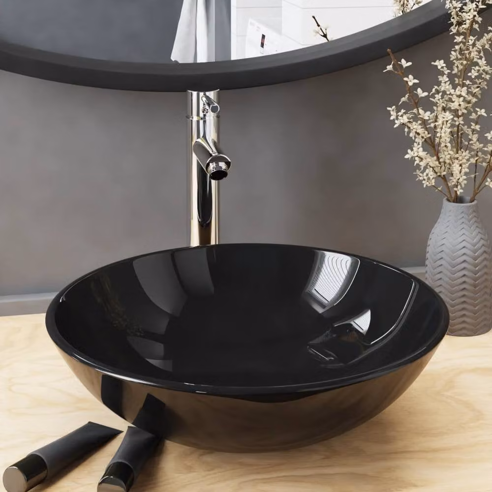 Berkfield Home Round Black Tempered Glass Countertop Bathroom Sink with Tap and Push Drain – 1