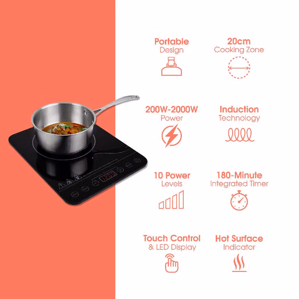 Abode AINDH1002 Portable Single Induction Hob in Black with Digital Touch Control, 2000W, 10 Heat Settings and Timer – 2