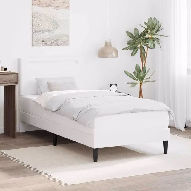 Berkfield Home Modern White Faux Leather Bed Frame with LED Strip Lights and USB Charging Port, W/D/H: 90 x 190 cm – 1