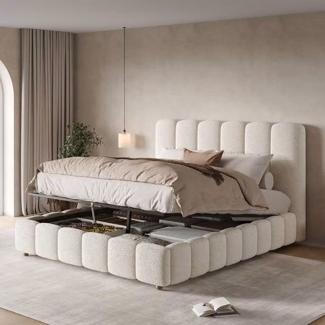 BTM White Bouclé Upholstered Double Storage Bed with Drawers W: 135 cm, D: 190 cm