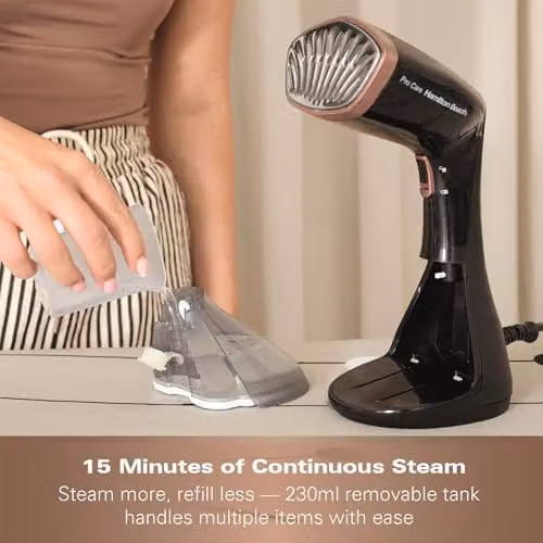 Hamilton Beach Handheld ProCare Garment Steamer with Brush Attachment, Black and Bronze, 1500W – 6