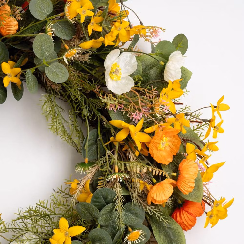 Scottish Everlastings Ltd Rustic Forsythia and Poppy Floral Wreath in Yellow, Red and Green, Diameter: 60 cm – 2