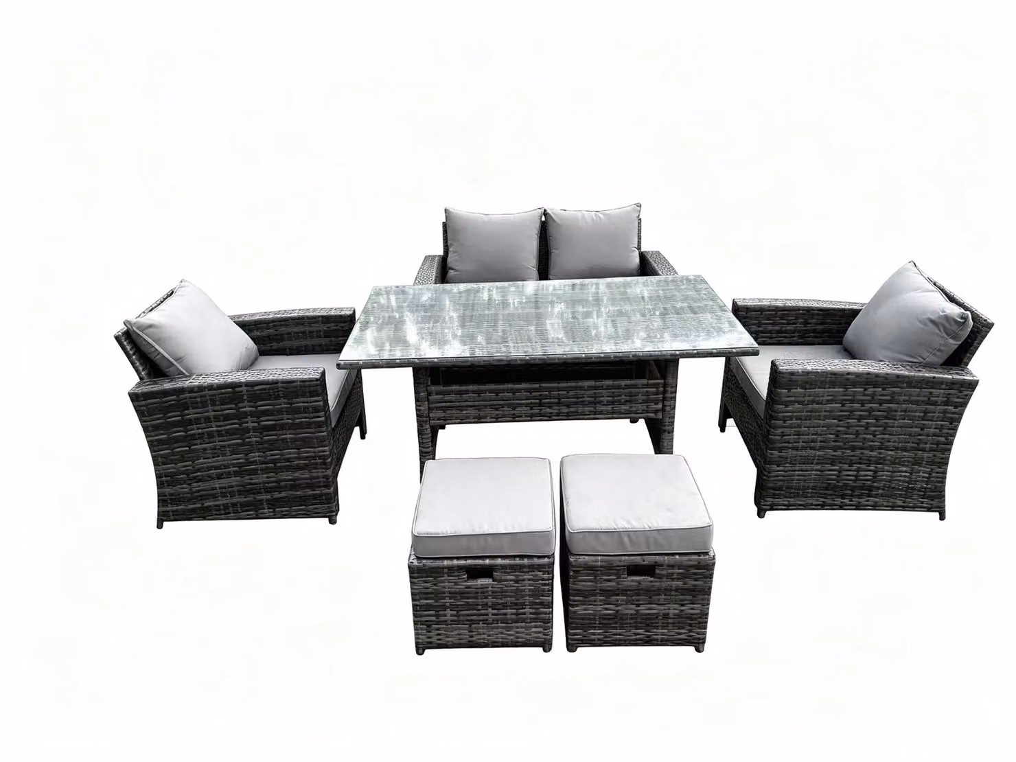 Fimous 6 Seater Dark Grey High Back Rattan Garden Furniture Set with Double Sofa, Dining Table and Stools – 2