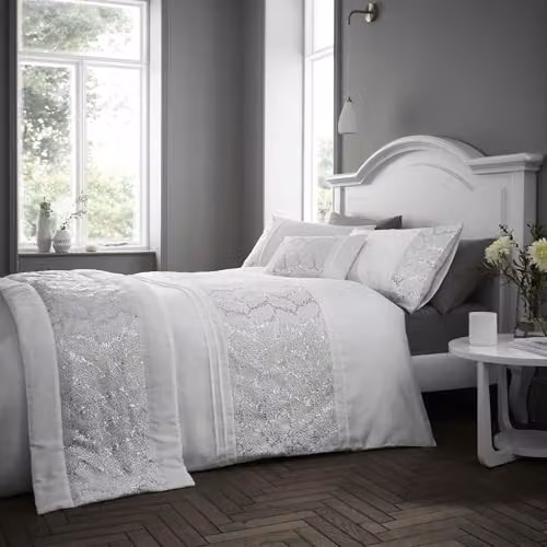 Portfolio Home Rouen White Geometric Embellished Sequins Double Duvet Cover and Pillowcase Set, W/D/H: 200 x 200 cm and 50 x 75 cm – 1