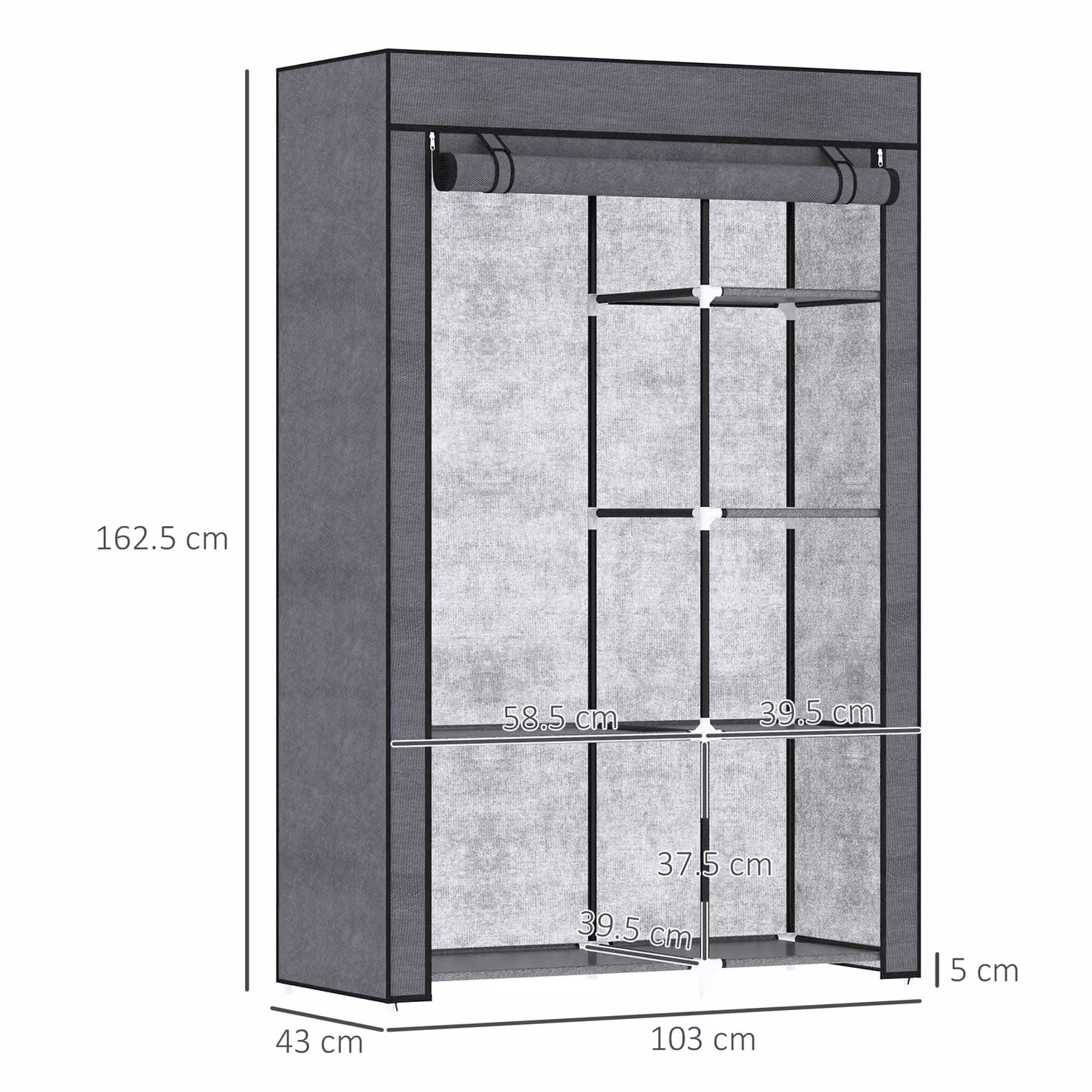 HOMCOM Modern Fabric Wardrobe with Hanging Rail and Six Shelves in Dark Grey, H: 162.5 cm x W: 103.0 cm – 3