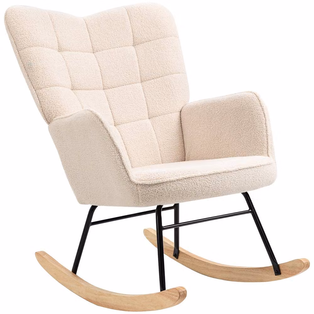 STILVORA Beige Bouclé Rocking Chair with Armrests and Mixed Wood and Metal Frame – 3