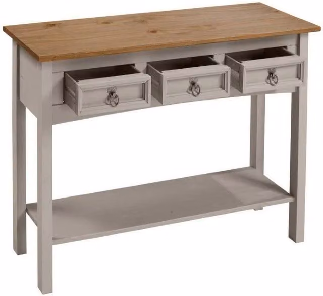 Havendro Rustic Solid Pine 3 Drawer Console Table in Light Grey, W/D/H: 122.0 x 32.0 x 73.0 cm – 1