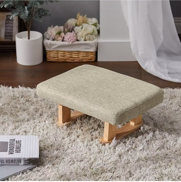 Living and Home Beige Linen Upholstered Rectangular Footstool with Wooden Legs – 1
