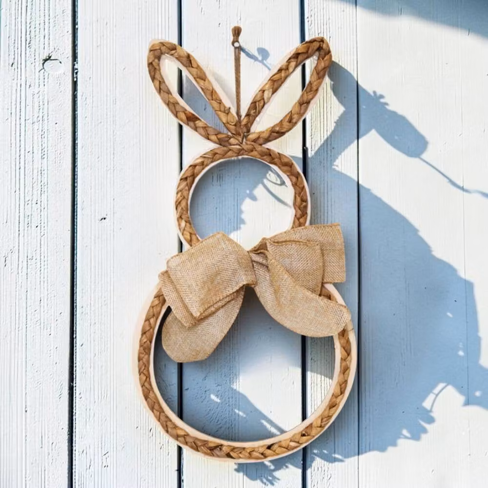 Four Candle Rabbit Shaped Decorative Rattan Wreath in Beige, Diameter: 48 cm – 2
