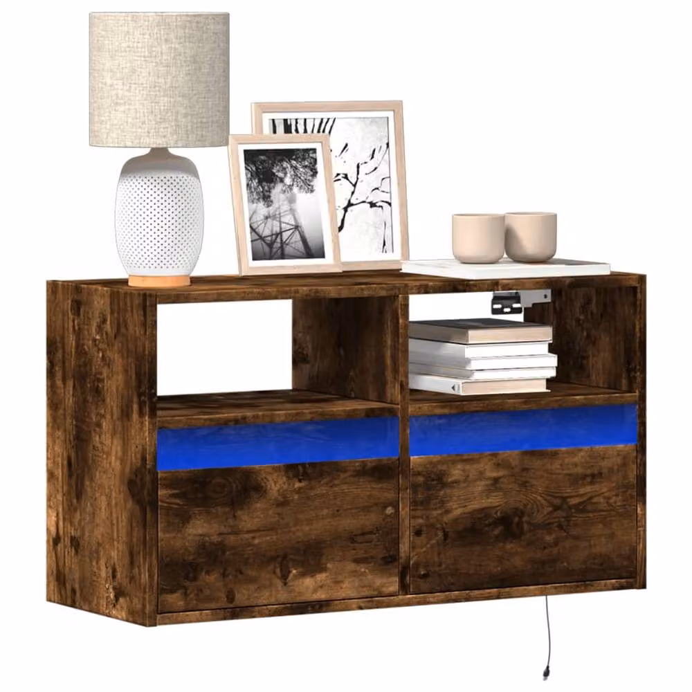 Berkfield Home Modern Wall Mounted TV Cabinet with LED Lights in Smoked Oak Brown, W: 80 cm, D: 31 cm, H: 45 cm – 2