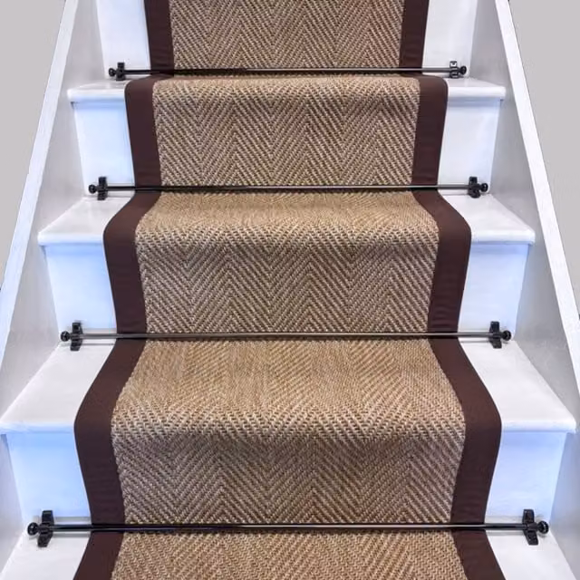 RainbowHome New England Herringbone Beige Stair Runner with Mocha Cotton Border, W: 65 cm x L: 700 cm – 1