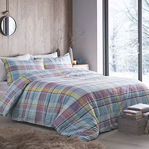 Appletree Candy Brushed Cotton Plaid Duvet Cover and Pillowcase Set, Multicolour Checked Flannelette Bedding, W/D/H: 140 x 200 cm