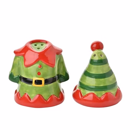 Widdop and Co Ceramic Elf Suit and Hat Salt and Pepper Shakers in Red and Green