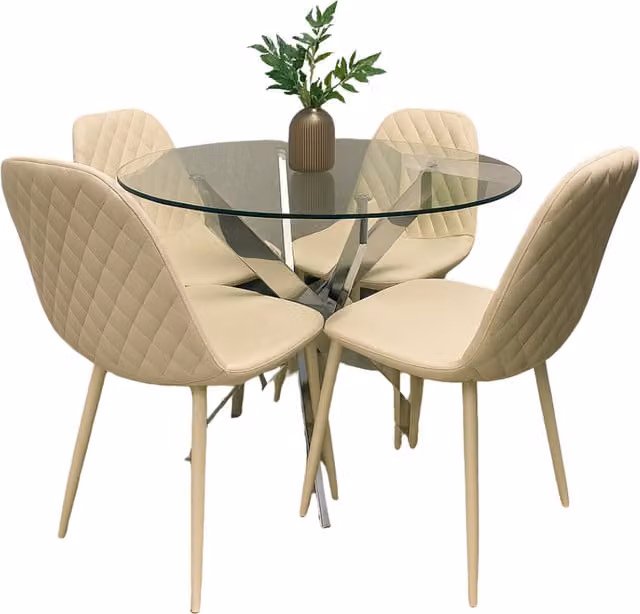 Kosy Koala Modern Square Glass Dining Table Set with 4 Beige Chairs